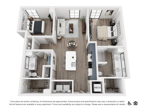 Floor plan for 2 beds, 2 baths, 1032 sqft